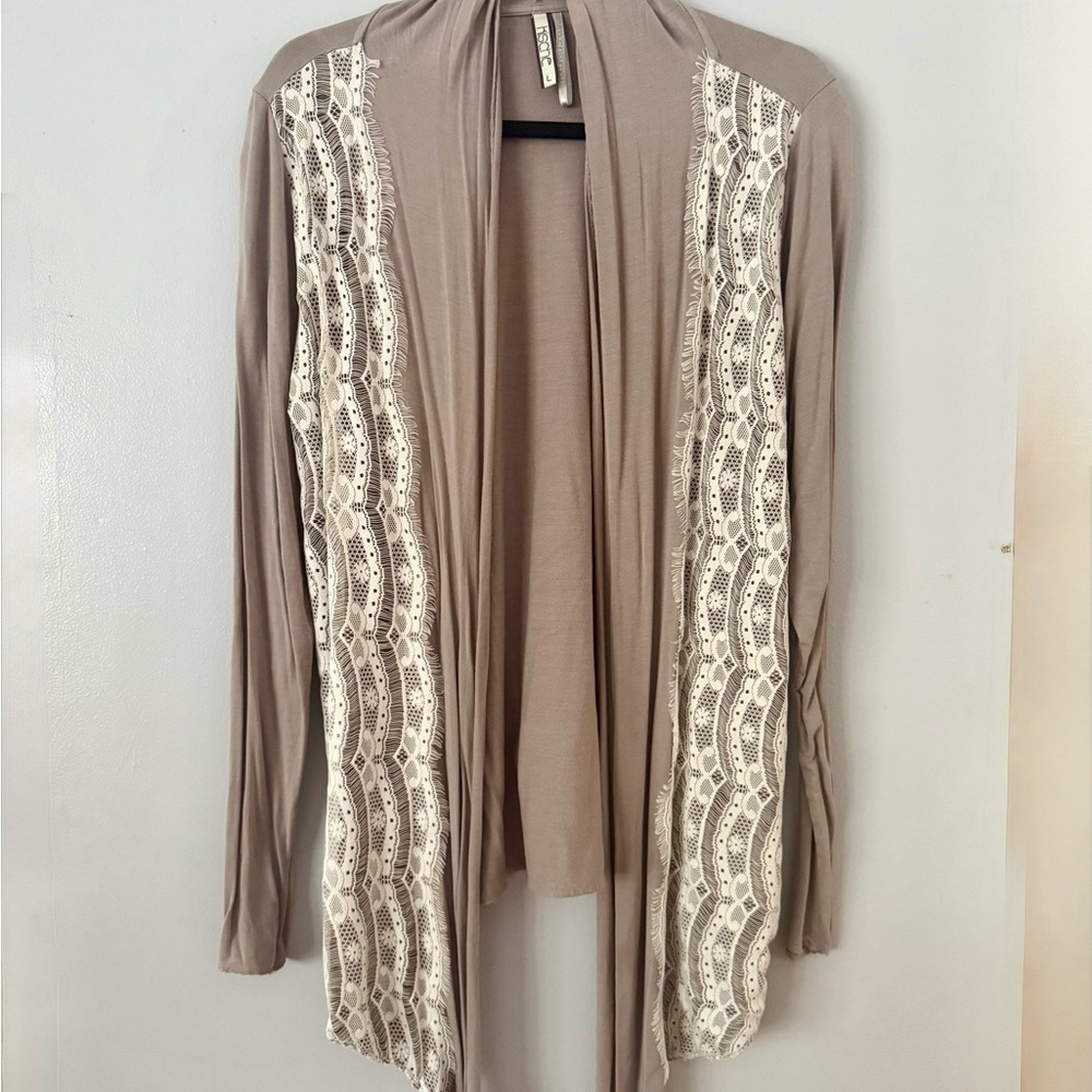 Kische Taupe Cardigan with Lace Accents